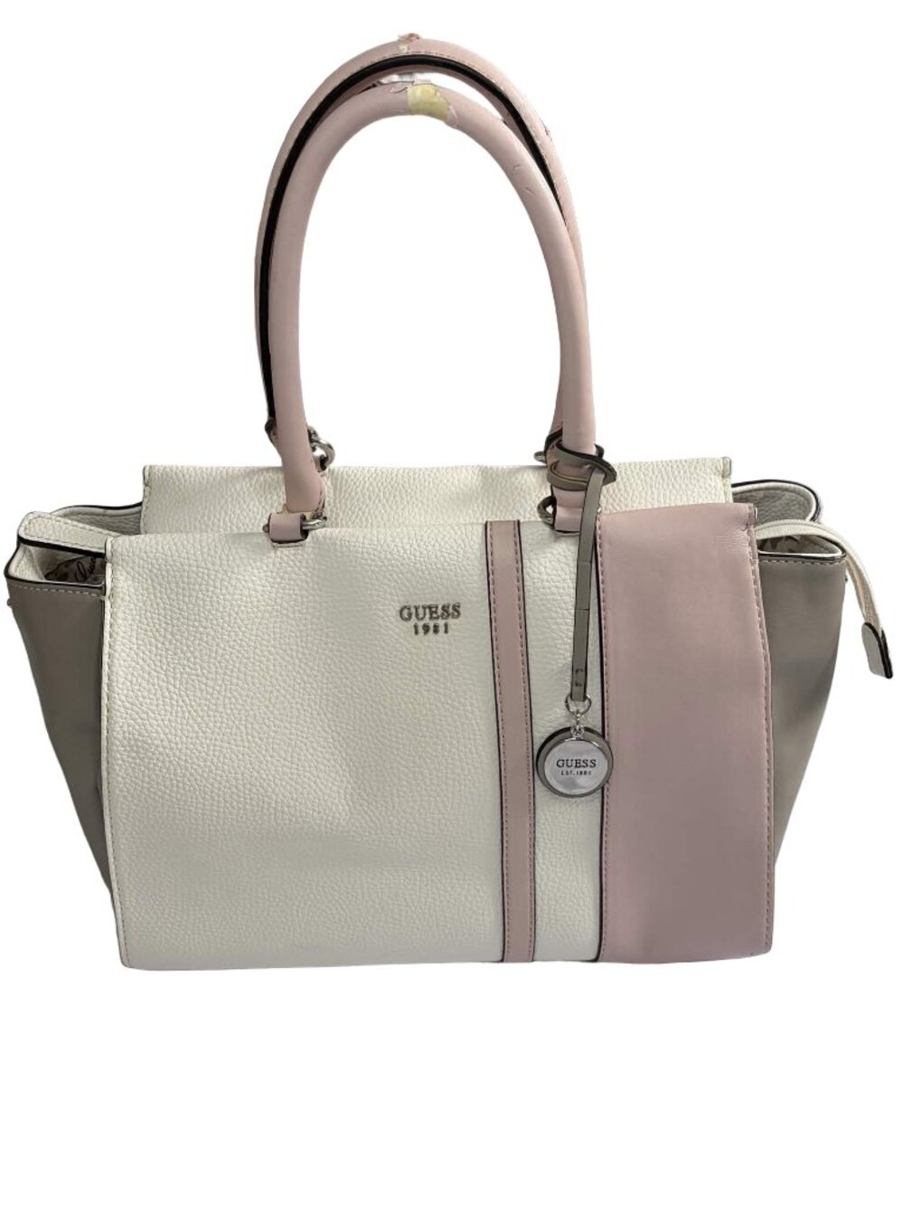 Guess Castlehill Satchel White Pink Grey Colorblock Tote Bag AS-IS Peeling Flaws